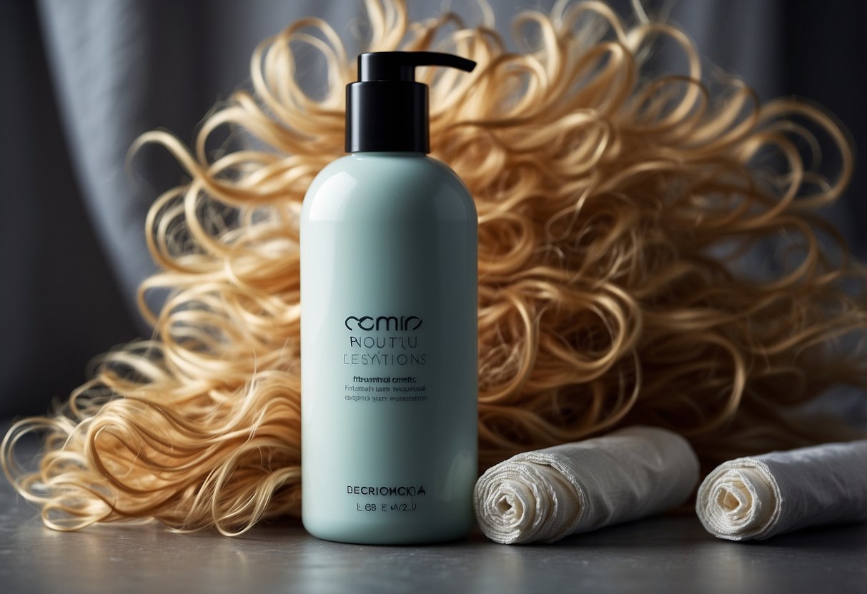 A bottle of moisturizing hair conditioner sits next to a pile of dry and frizzy hair extensions