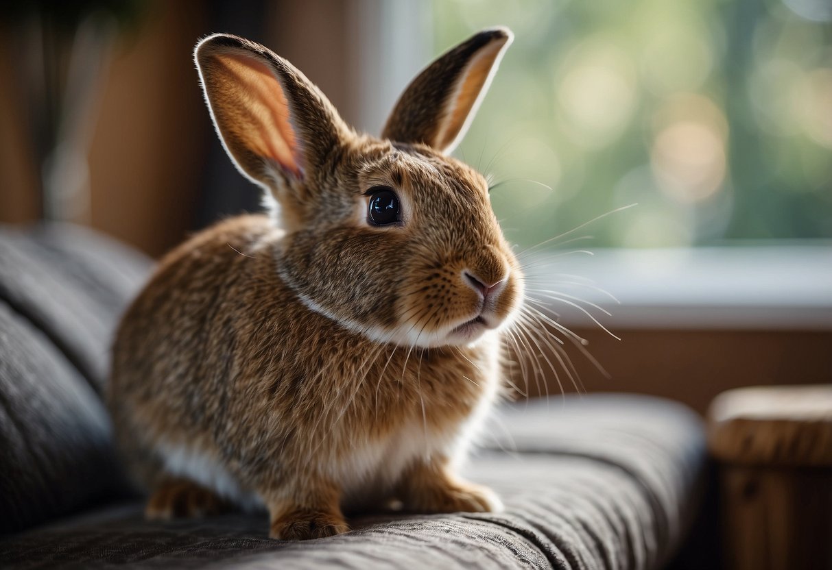 A rabbit scratching and itching furiously, with fur standing on end, in a cozy home environment