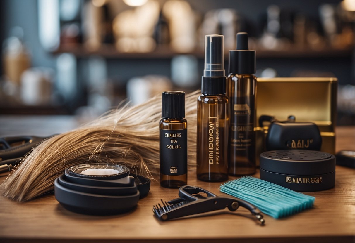 Dry hair extensions lay on a table, surrounded by maintenance products and tools. A sign reads "Conseils Généraux de Maintenance" in the background