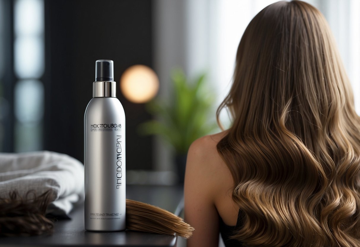 Dry hair extensions hang limp, tangled and lifeless. Split ends and frizz are evident. A bottle of deep conditioning treatment sits untouched nearby