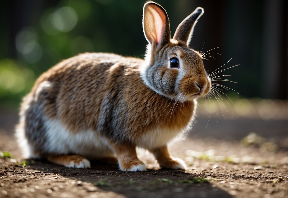 A rabbit is vigorously scratching the floor with its hind legs, displaying signs of territorial behavior or attempting to create a comfortable nesting area