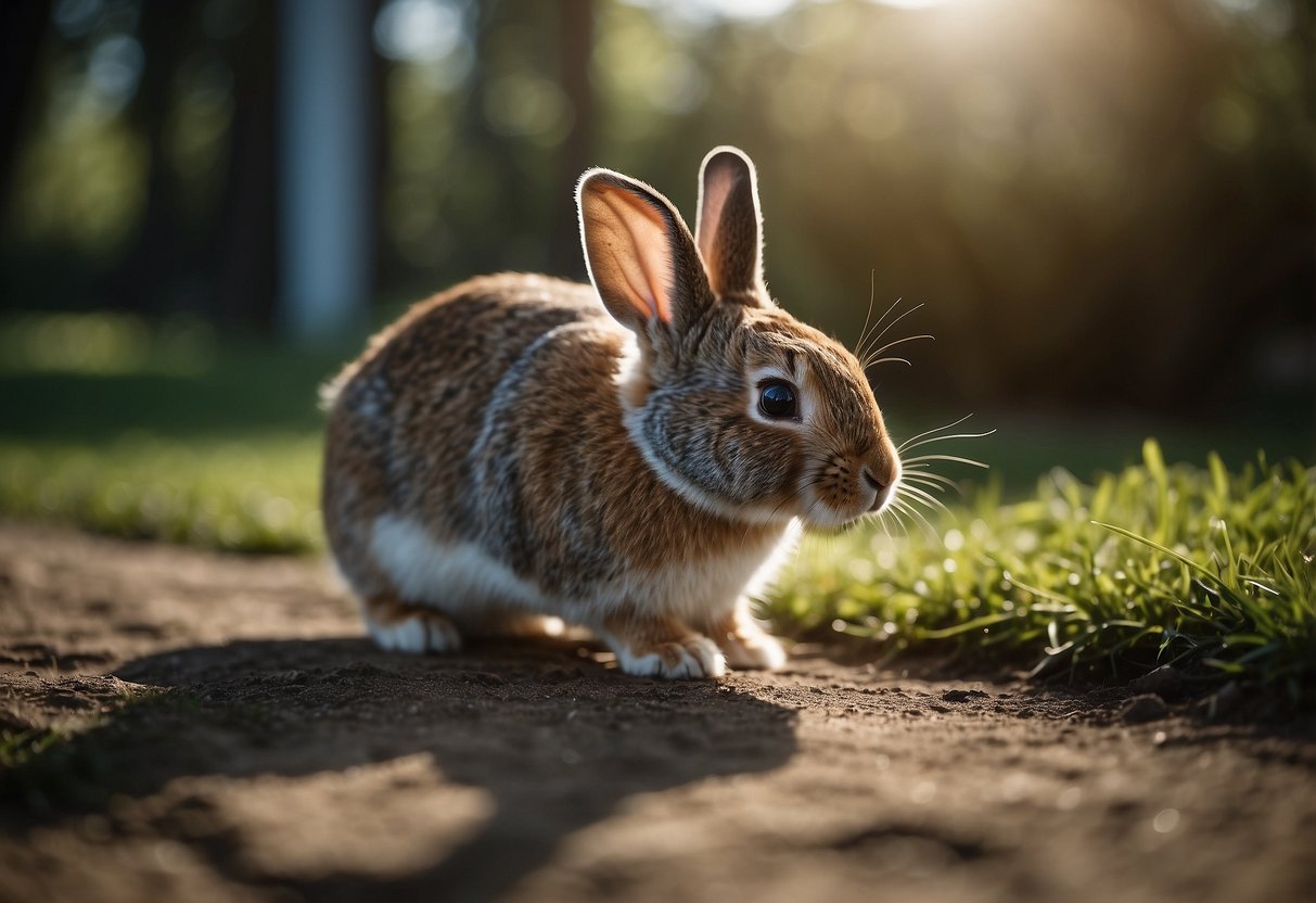 A rabbit vigorously scratches the floor, furiously digging with its hind legs, while looking around anxiously