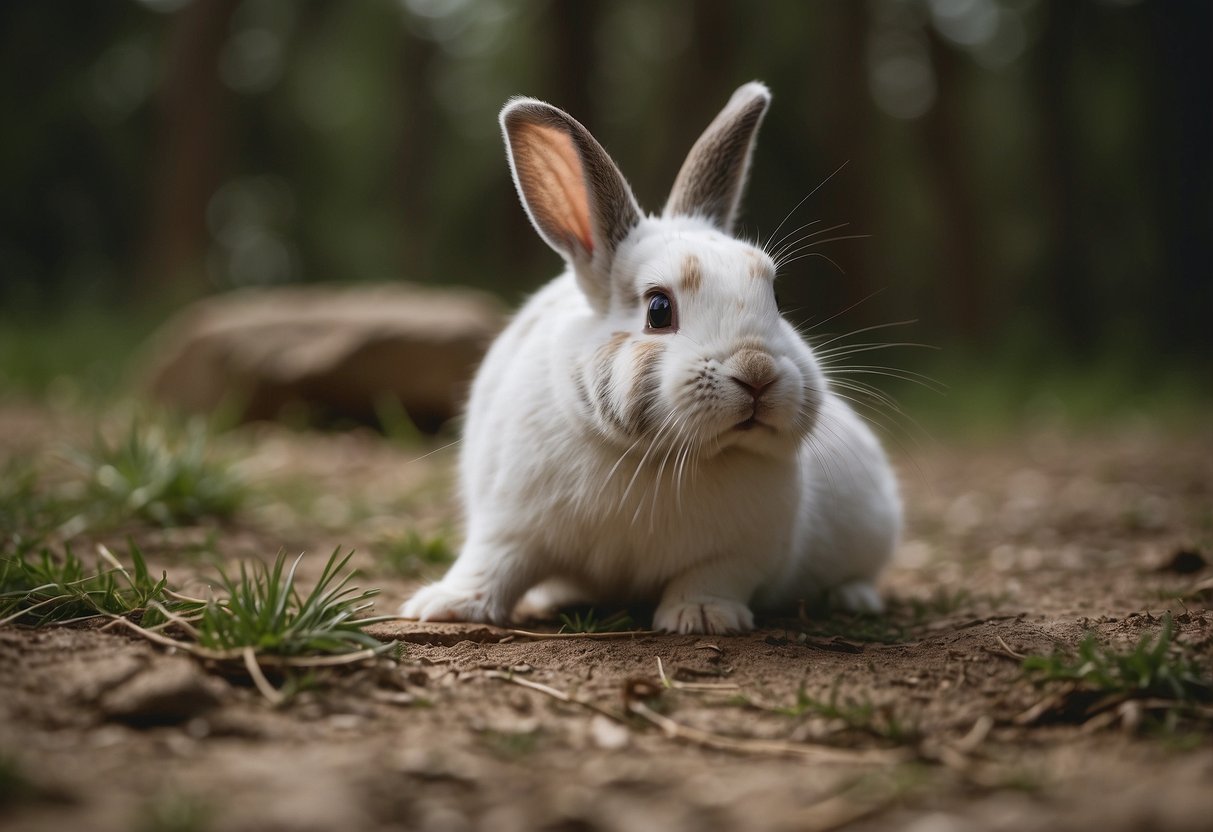 A rabbit scratches the floor, looking agitated. Its ears are back, and it keeps sniffing and pawing at the ground