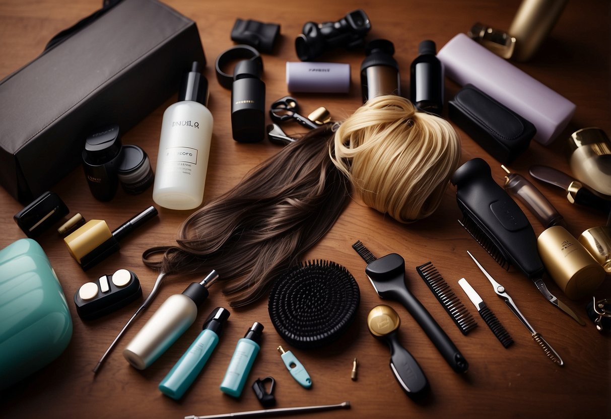 Hair extensions tangled in a jumble, surrounded by various hair care products and tools. A frustrated figure wonders why they are matting