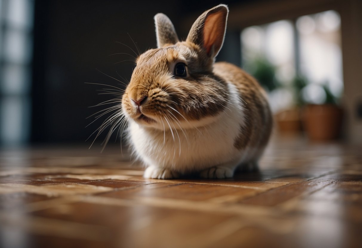 A rabbit scratching the floor with a puzzled expression. A person observing with a question mark above their head