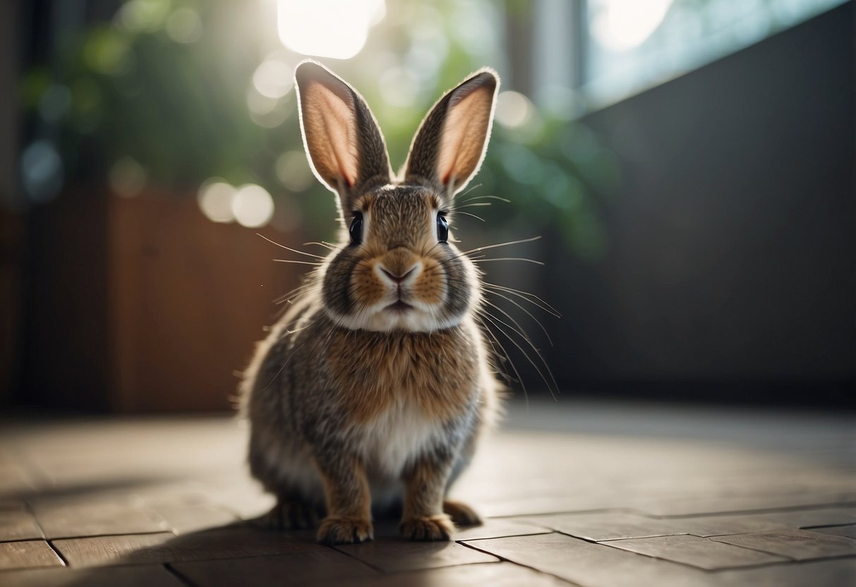 A rabbit scratching the floor with a puzzled expression, looking up as if seeking answers