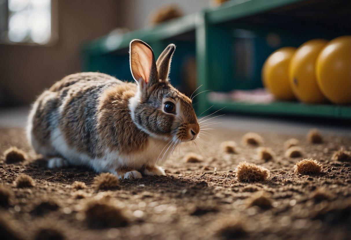 A rabbit scratching the floor in a spacious, enriched enclosure with toys, tunnels, and foraging opportunities