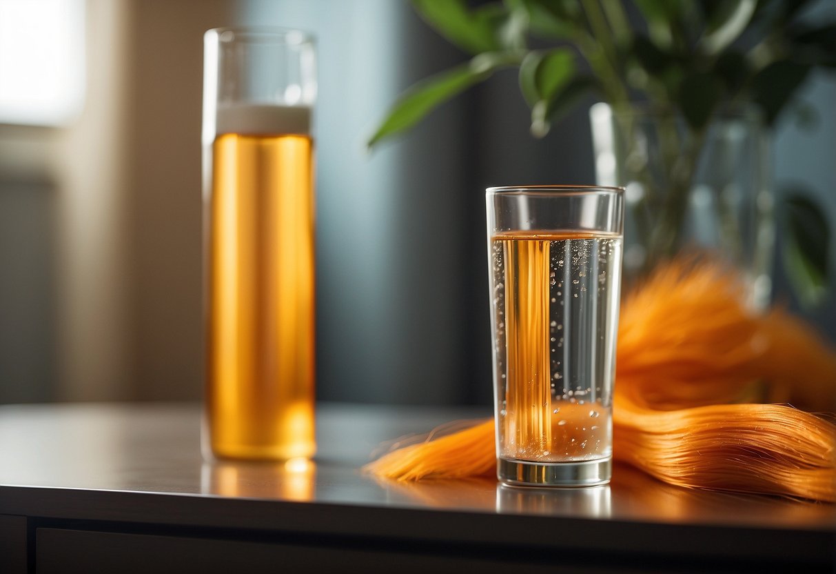 A clear glass of water sits next to a set of hair extensions, which are slowly turning from their original color to a vibrant shade of orange