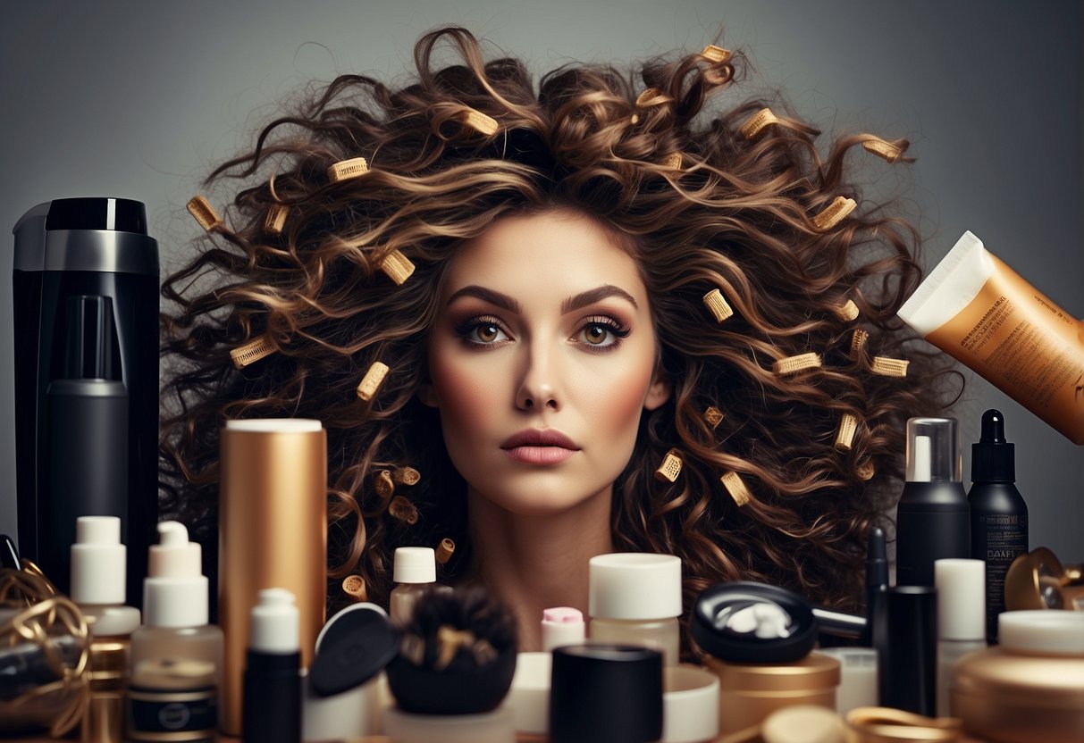 A tangled mess of frizzy hair extensions lies on a cluttered vanity, surrounded by hair care products and a frustrated expression