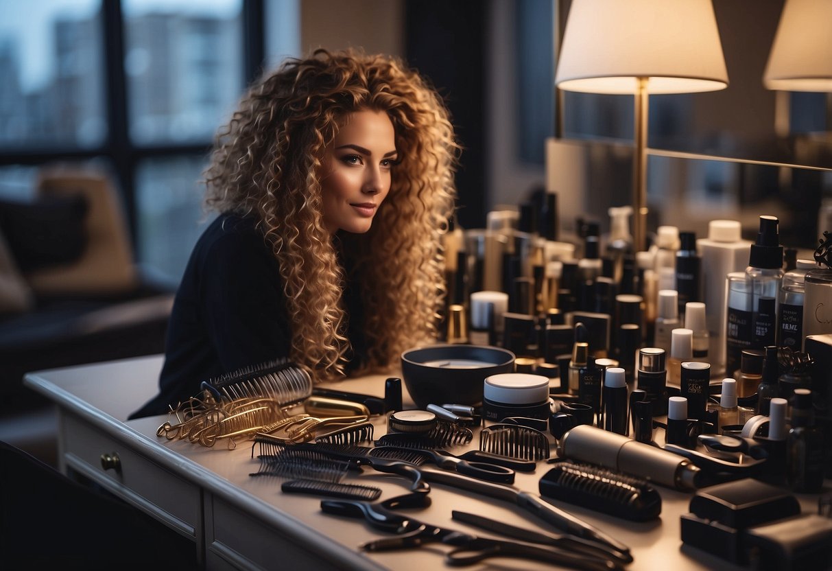 Frizzy hair extensions lay tangled on a cluttered vanity, surrounded by various hair products and tools