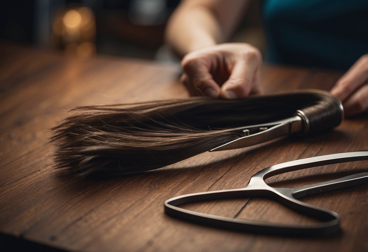 Hair extensions on a table, scissors cutting them shorter