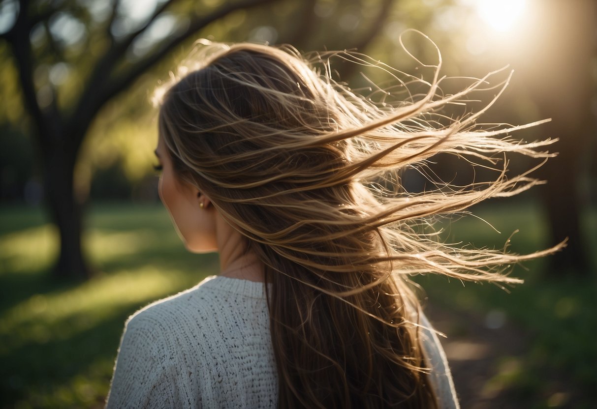 Hair extensions tangled in a tree branch, being pulled and shortened by the wind