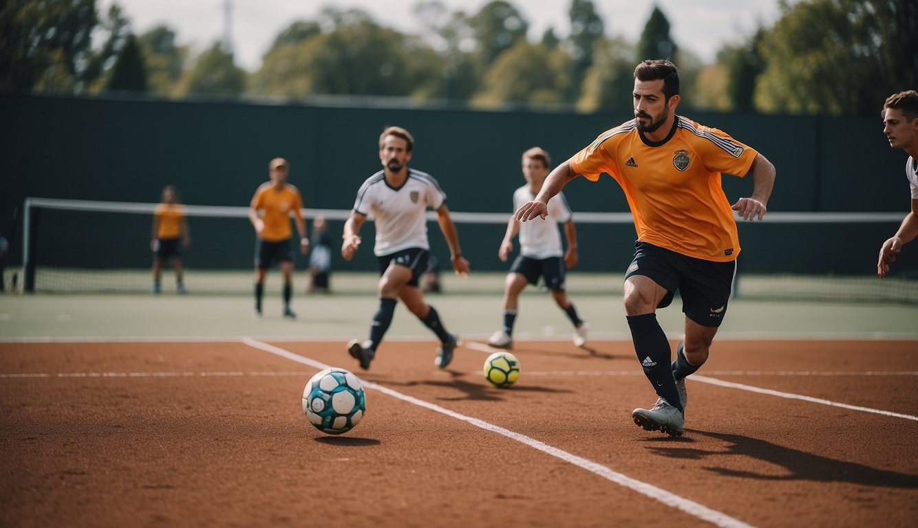 A soccer team passing the ball vs a tennis player serving