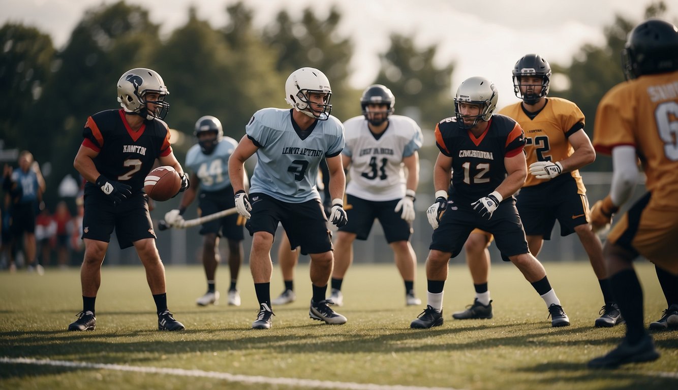 A group of people playing team sports, interacting and communicating, while another group engages in individual sports, focusing on their own performance