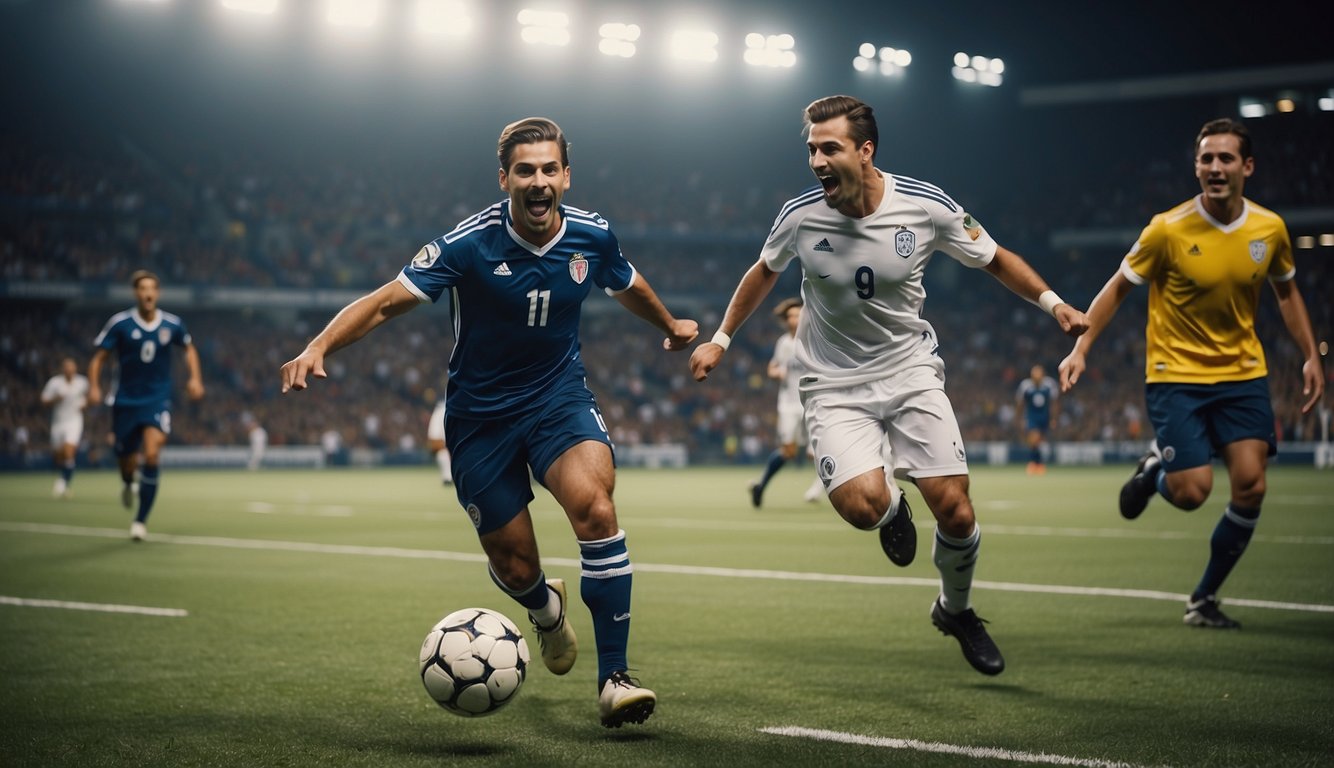 A soccer team celebrates a goal while a tennis player serves