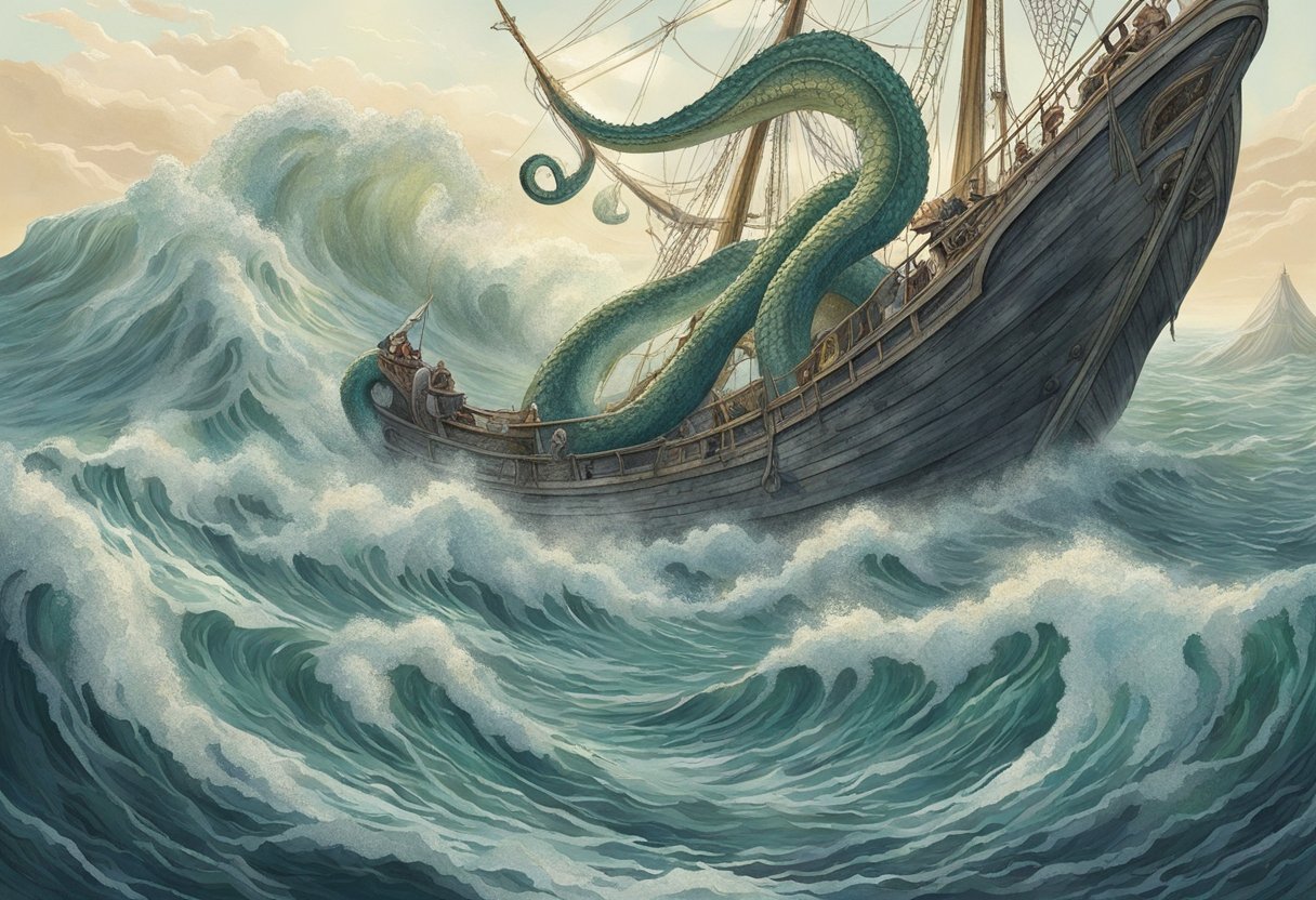 A kraken rises from the depths, tentacles swirling around a ship. A mermaid sings atop a rocky outcrop, luring sailors with her enchanting voice. A giant sea serpent coils through the waves. A shimmering hippocampus gallops