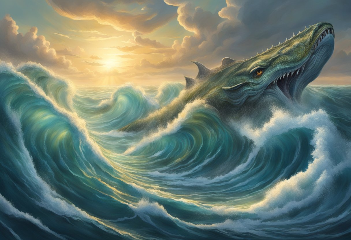 Charybdis swirling in a deep ocean, surrounded by monstrous sea creatures, their scaled bodies glinting in the sunlight