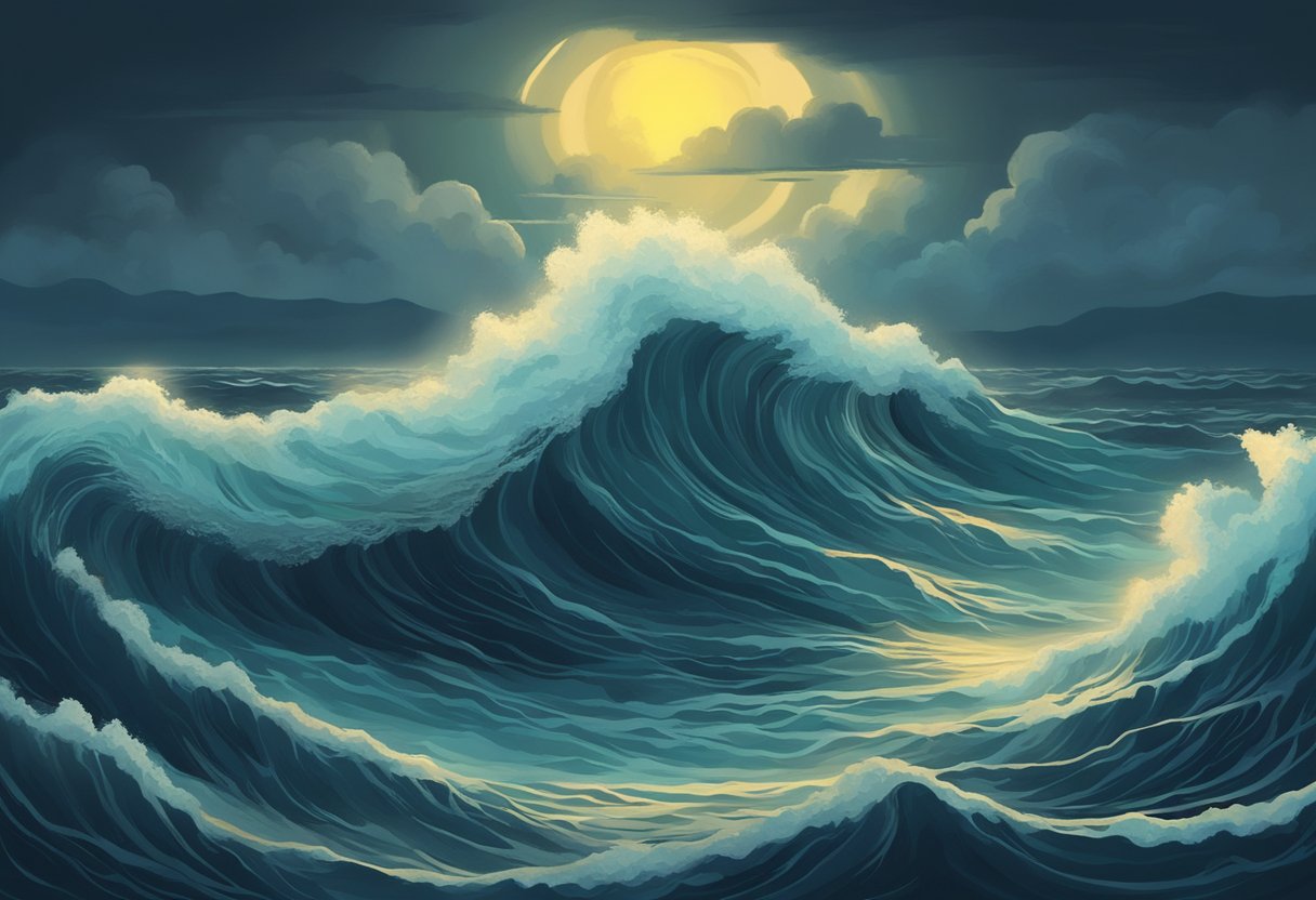 A stormy sea with towering waves, a mysterious silhouette beneath the water, and glowing eyes peering out from the depths