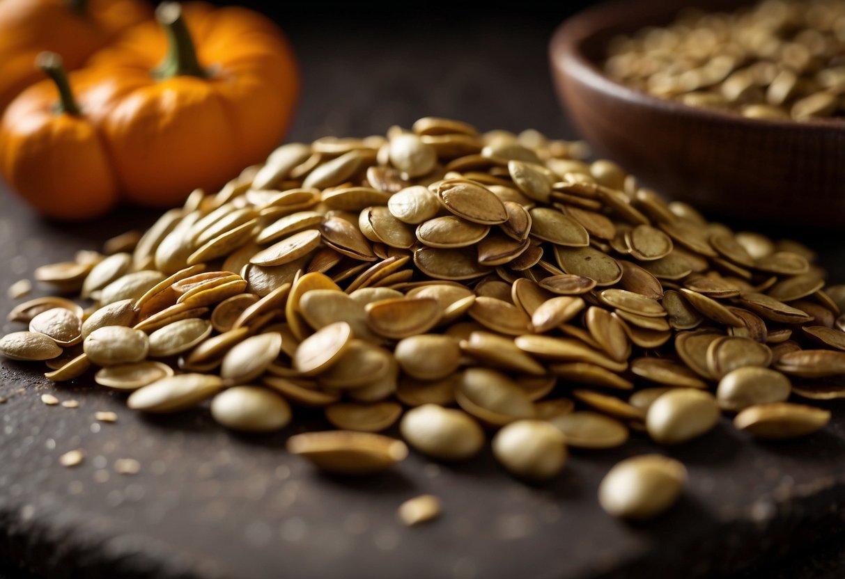 Raw pumpkin seeds lay scattered next to golden brown, aromatic roasted seeds on a baking sheet