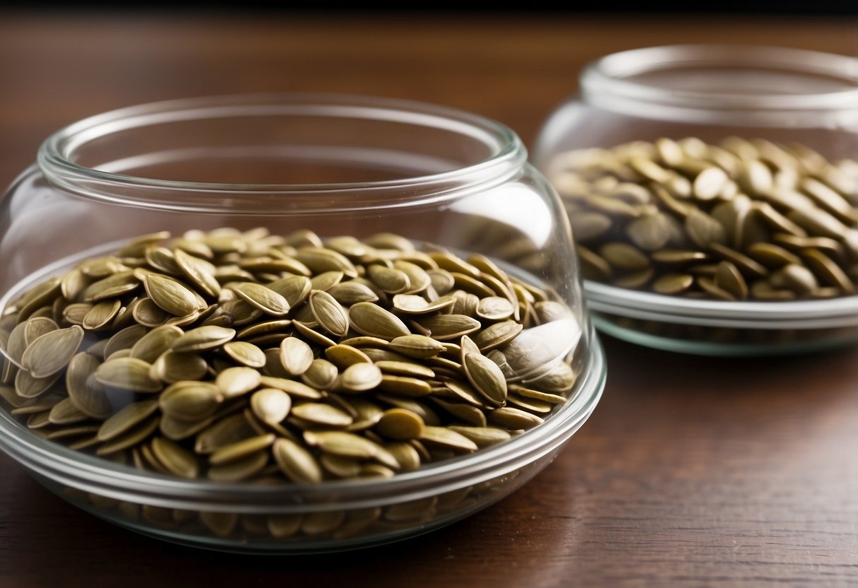 Raw pumpkin seeds sit in a sealed container, while roasted seeds are stored in a separate, open container. Both are labeled for safety