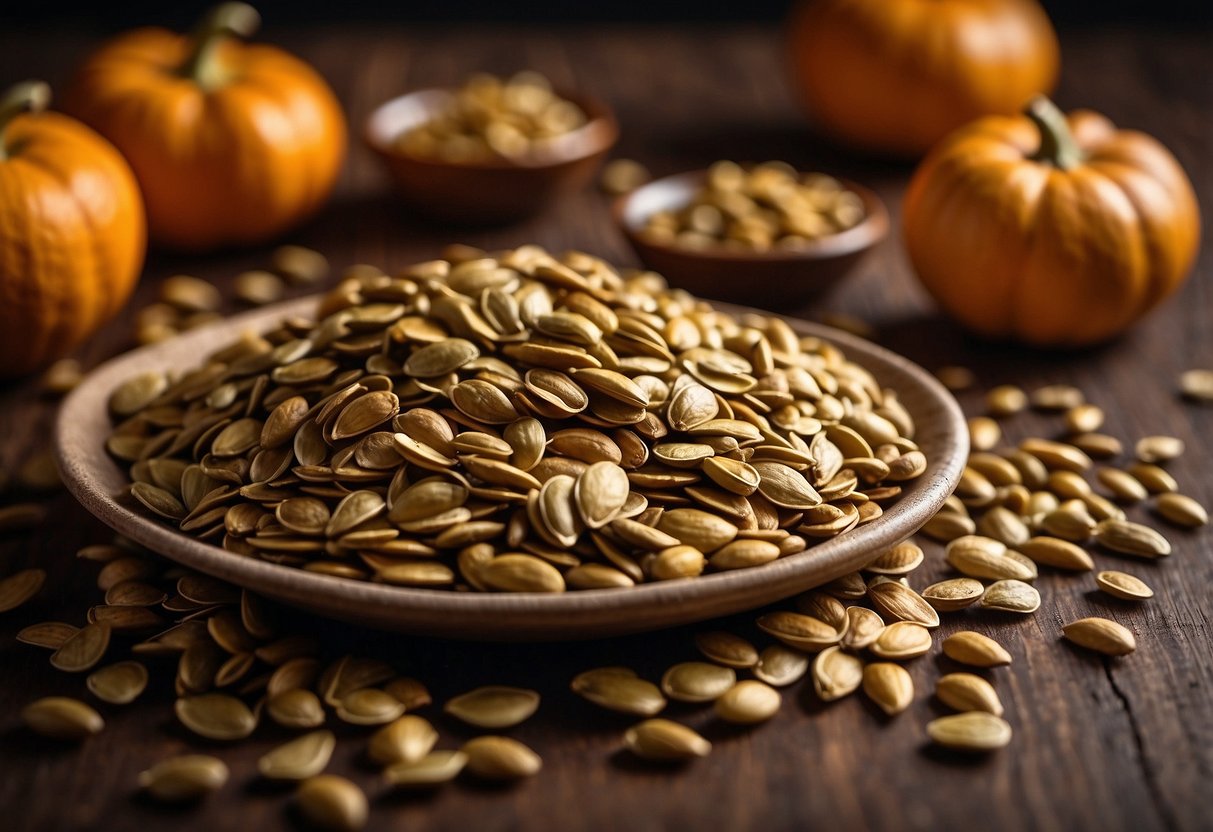 A pile of raw pumpkin seeds sits next to a pile of roasted seeds. The raw seeds are light brown and uncooked, while the roasted seeds are darker in color and have a slightly crispy texture