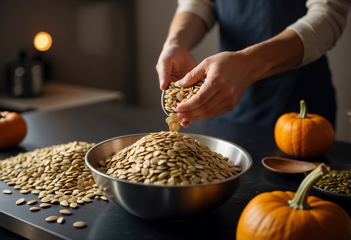 A hand pours raw pumpkin seeds from a bag into a bowl, while another hand stirs a pan of roasted pumpkin seeds on a stovetop