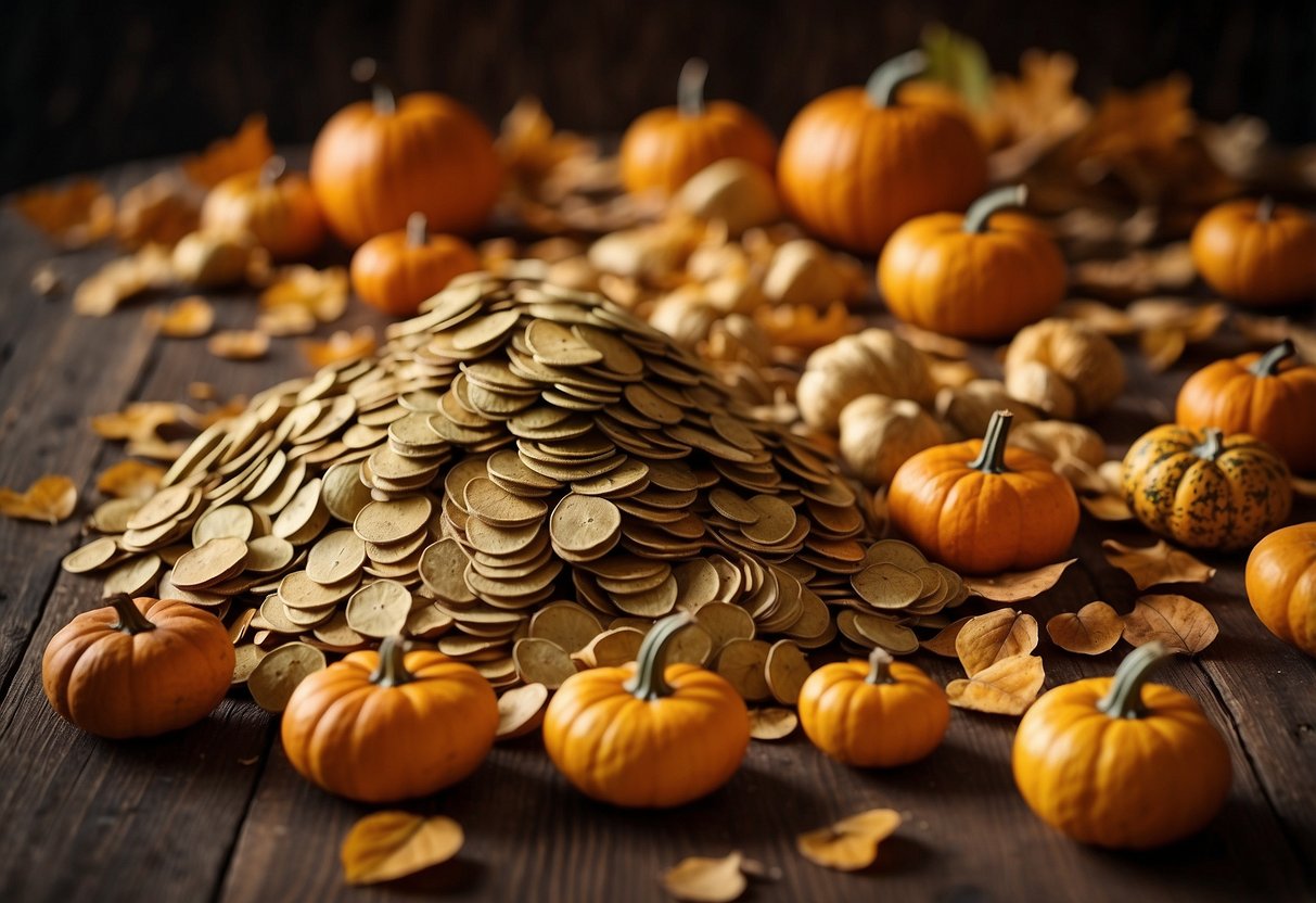 A pile of pepitas scattered on a wooden table, surrounded by a few intact pumpkins and some fallen leaves