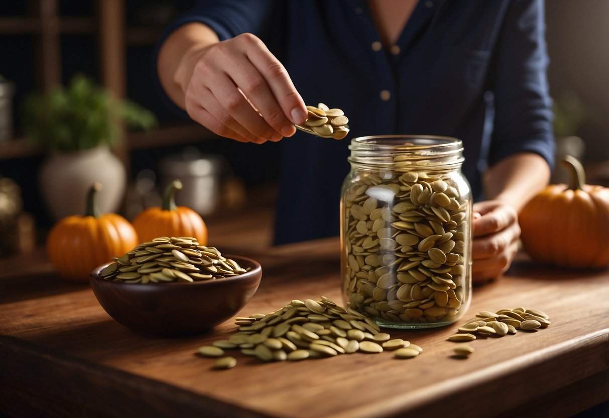 A hand pours pepitas into a glass jar, sealing it tightly. Another hand labels the jar with "Pepitas Pumpkin Seeds" and places it on a shelf