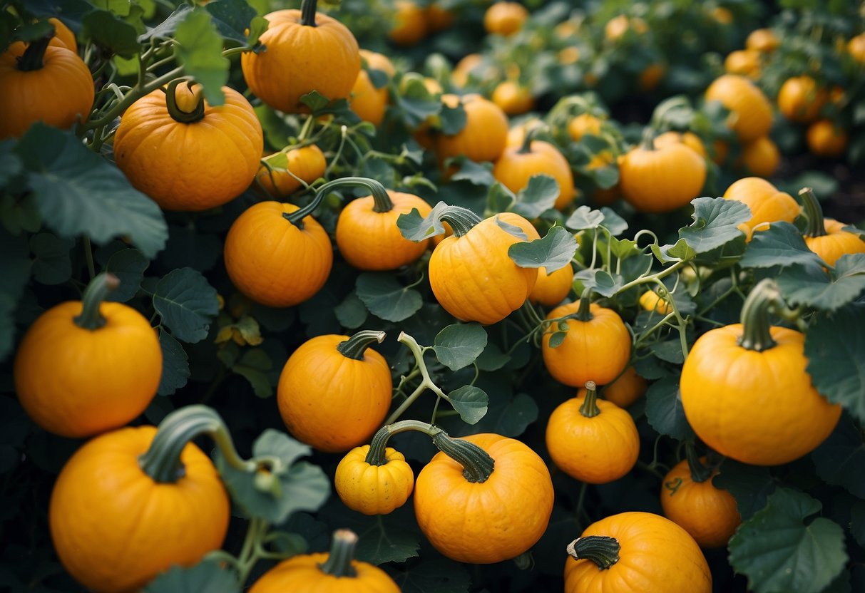 Pumpkins vines sprawl, yellow flowers bloom. Green orbs swell, seeds inside