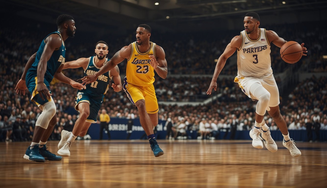 A basketball player dribbles towards the hoop, as the opposing team's defender jumps to block the shot. The crowd holds their breath in anticipation