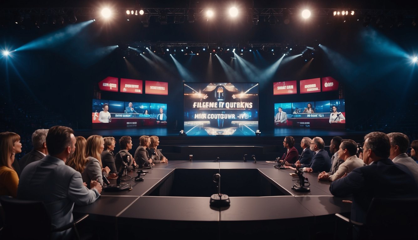 A group of people gather around a stage with microphones and cameras. A scoreboard and countdown clock are visible. The host prepares to ask the next question for the sports quiz