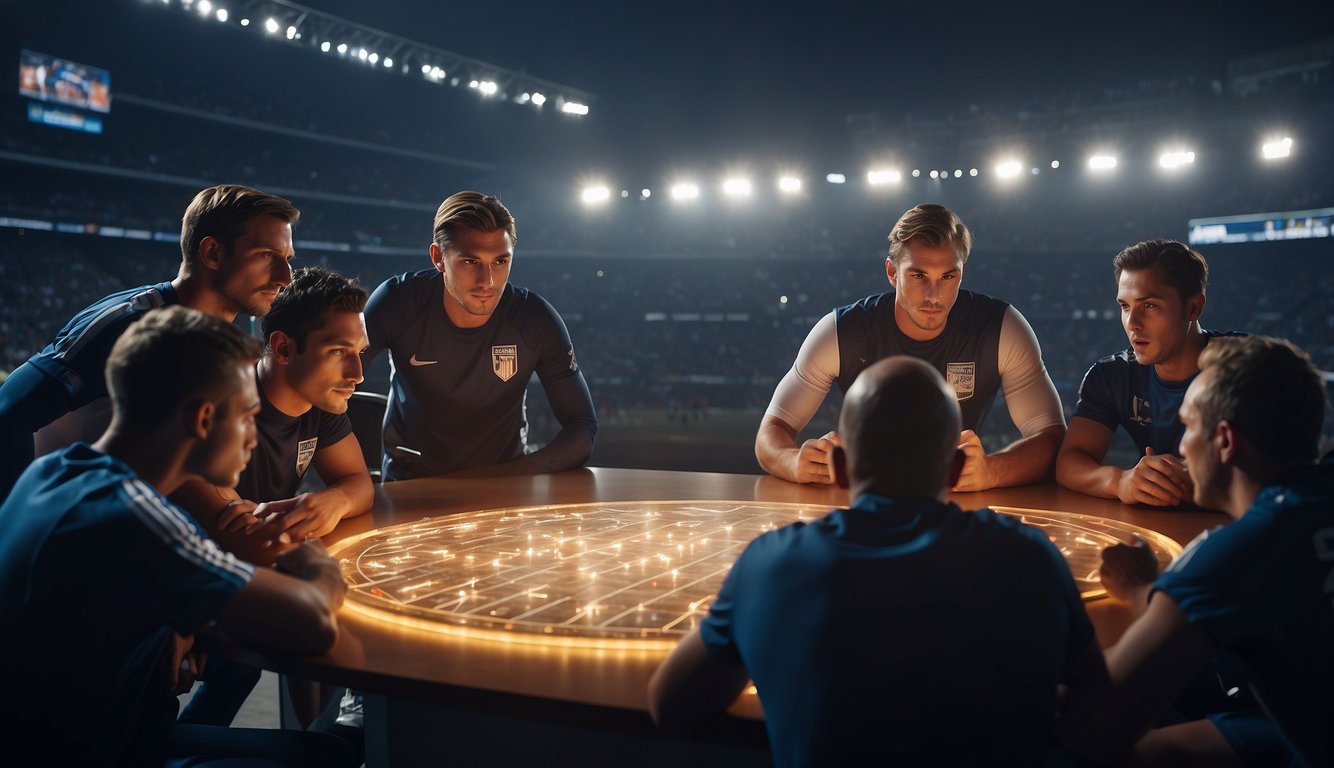 Athletes huddle around a quiz board, buzzing in answers with determination. The scoreboard lights up as the tension builds