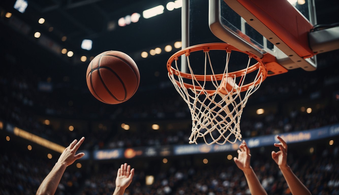 A basketball hovers mid-air above the hoop, with the player's intense gaze fixed on the ball, and the crowd holding their breath in anticipation