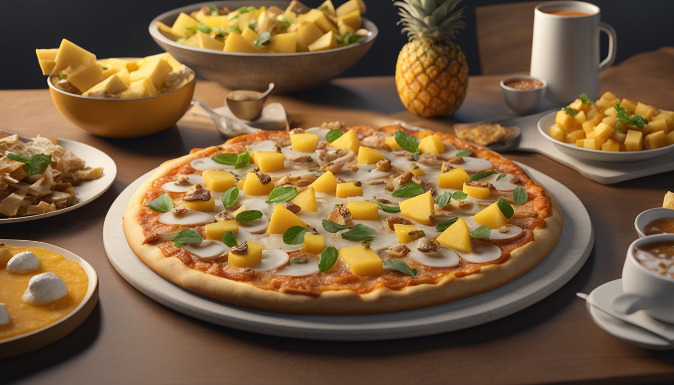 A pizza topped with pineapple, surrounded by 9 other controversial foods like foie gras and shark fin soup