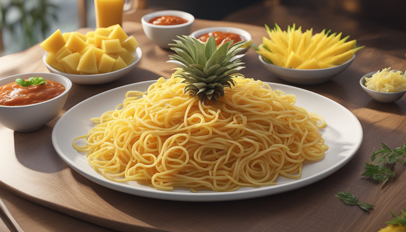 A plate of spaghetti with ketchup and pineapple chunks on top, surrounded by controversial food items like anchovies and durian