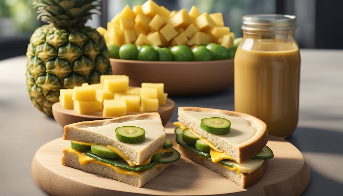 A peanut butter and pickle sandwich sits next to a pizza topped with pineapple, showcasing 10 controversial foods