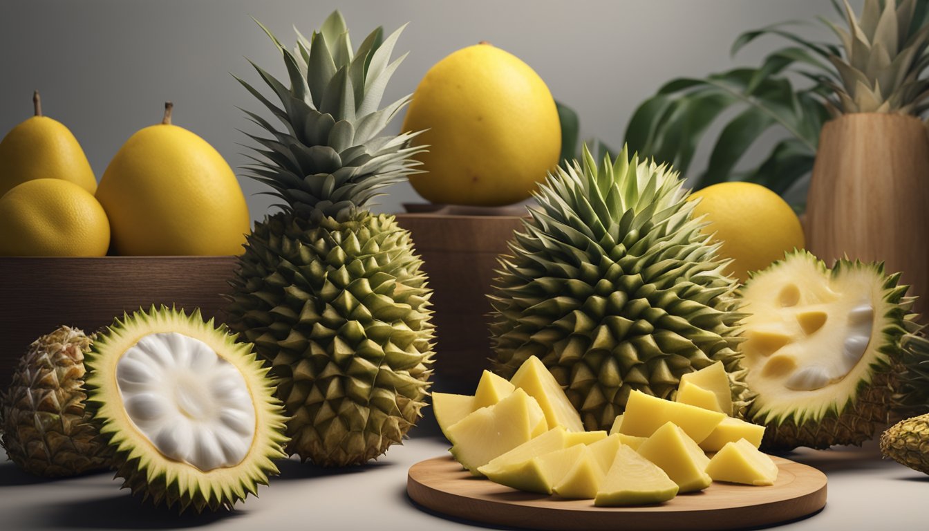 A durian fruit surrounded by 10 controversial foods, like pineapple on pizza