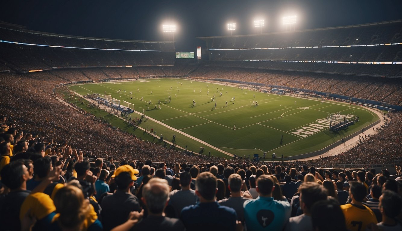 A crowded stadium with cheering fans, players in action, and vibrant team colors