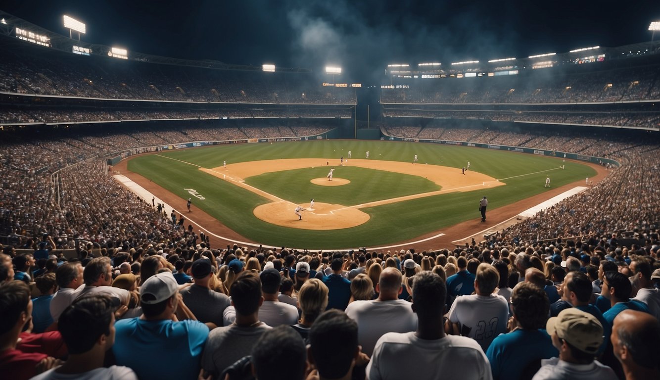 A crowded stadium with cheering fans, iconic American sports symbols (e.g. baseball bat, football helmet), and historical sports figures (e.g. Babe Ruth, Michael Jordan)