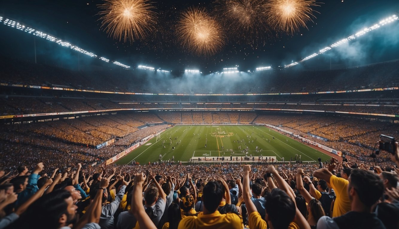 A crowded stadium erupts in cheers as athletes compete in a high-stakes game, surrounded by colorful banners and flashing lights