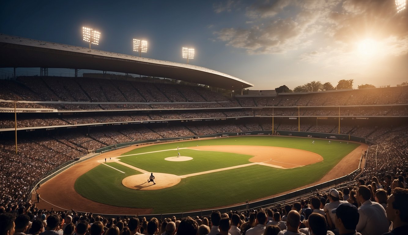 A baseball field with cheering fans, a basketball court with players in action, and a football stadium packed with spectators