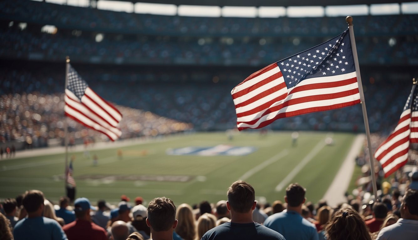 American flags waving at a packed stadium, fans cheering, and athletes competing in various sports