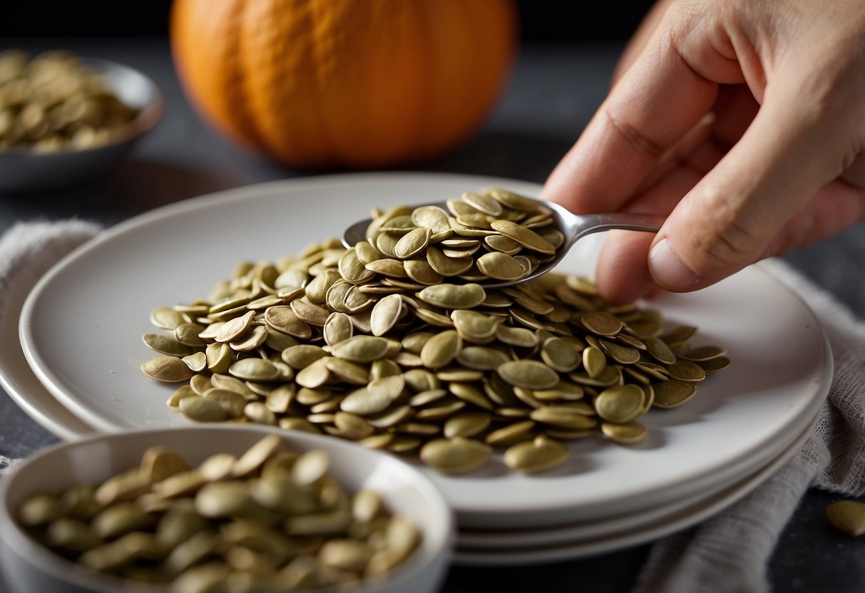 A hand holding a handful of pumpkin seeds, sprinkling them onto a plate. A small portion is shown next to a measuring spoon indicating the recommended daily amount