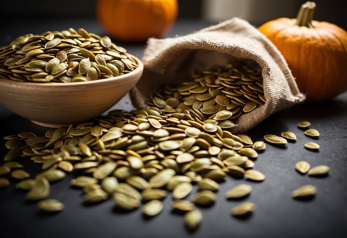 Pumpkin seeds spilling from a bag onto a kitchen counter, with a small bowl filled with seeds and a measuring spoon nearby