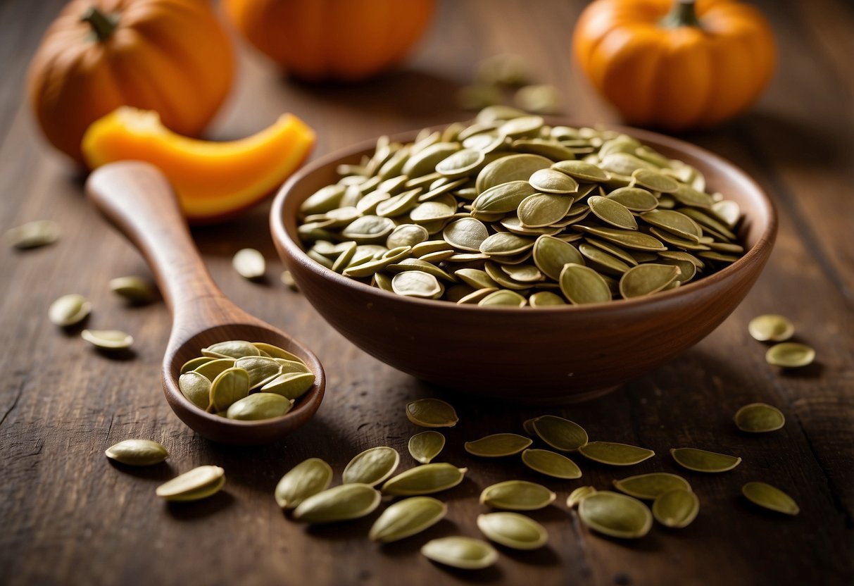 Pumpkin seeds scattered on a wooden table, with a small bowl for portion control. A measuring spoon nearby for accurate daily intake