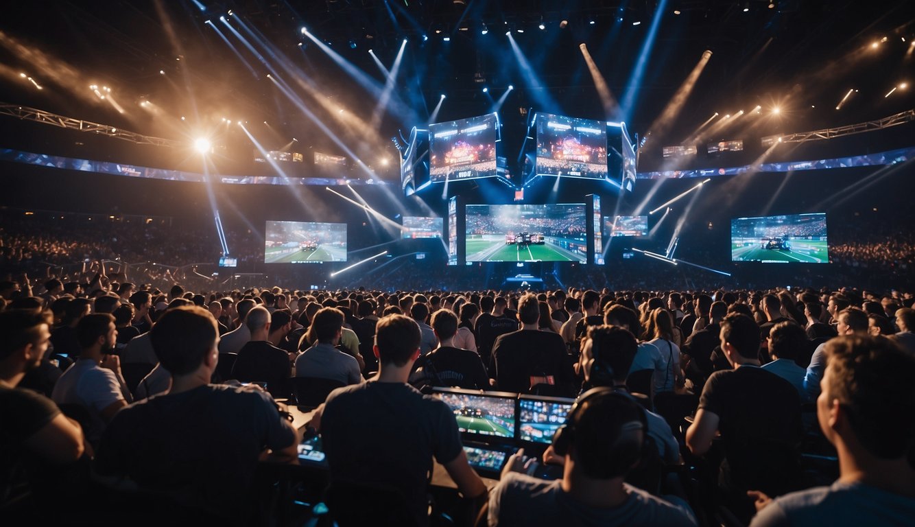 A crowded e-sports arena with cheering fans and intense gameplay on large screens. Bright lights illuminate the stage as players compete in a high-stakes tournament