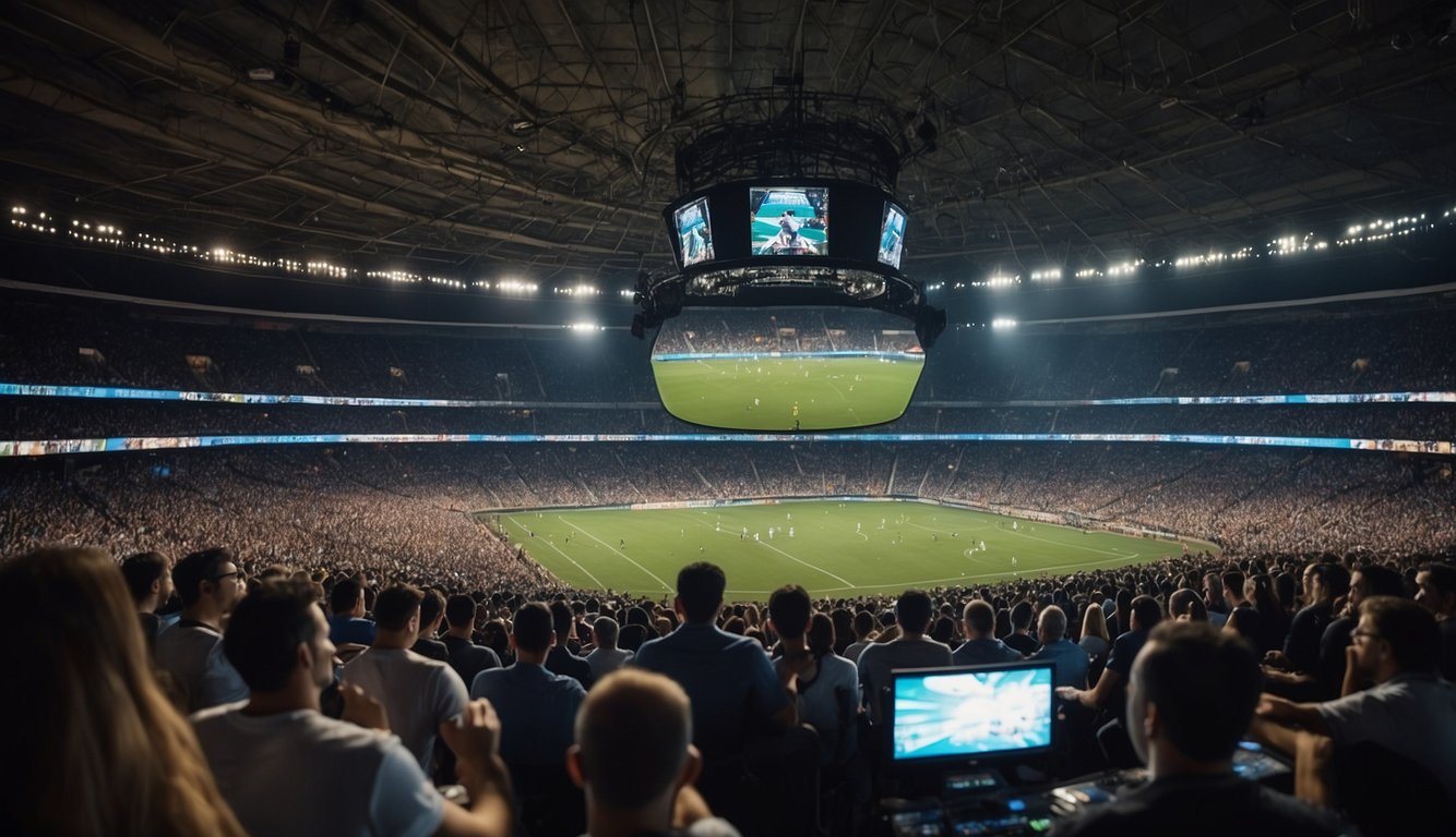 A crowded stadium with intense gaming action on big screens, fans cheering, and players strategizing