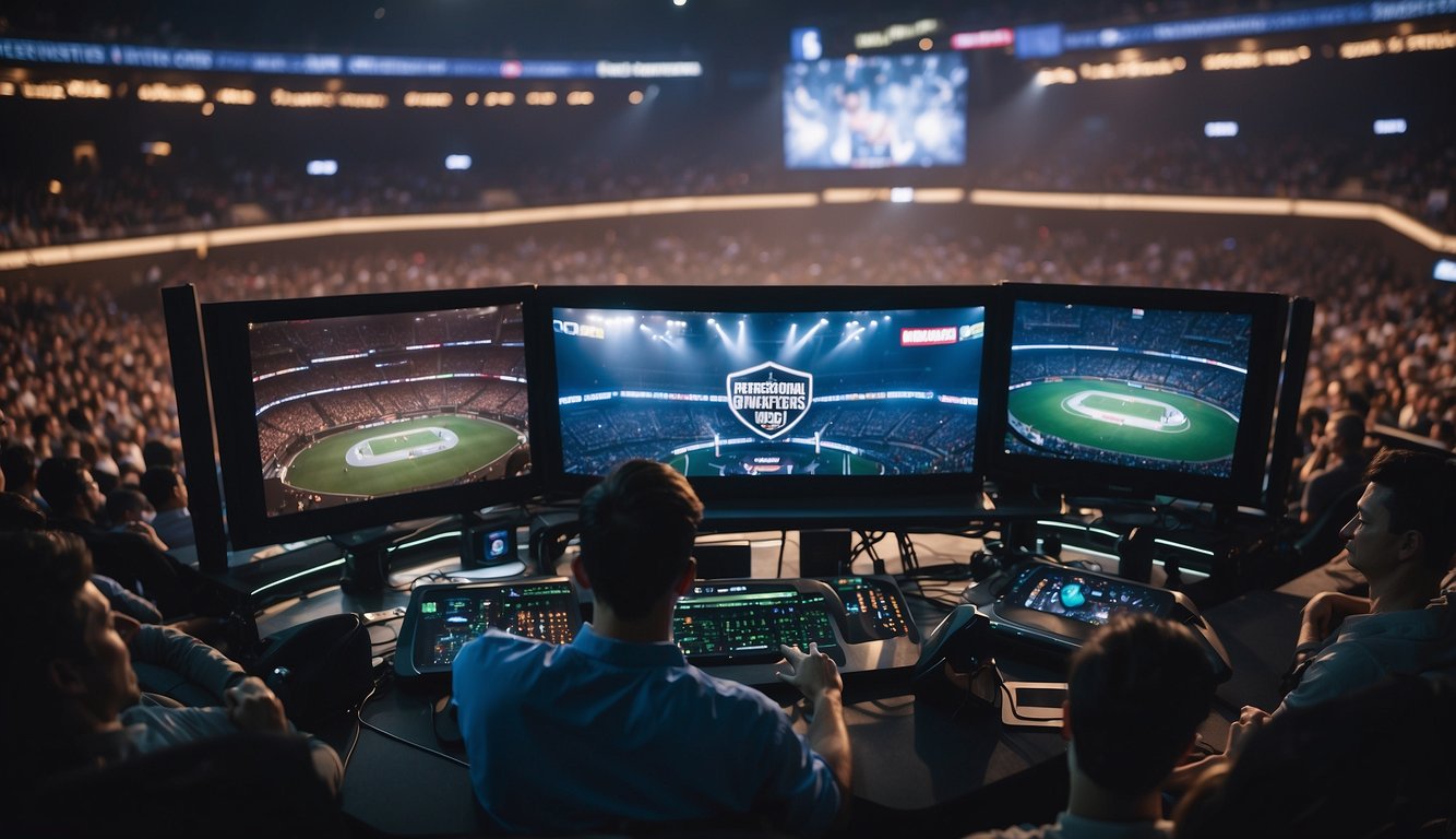 A packed stadium cheers as players compete in e-sports. Media coverage and sponsorships highlight the industry's growth. Critics debate its impact