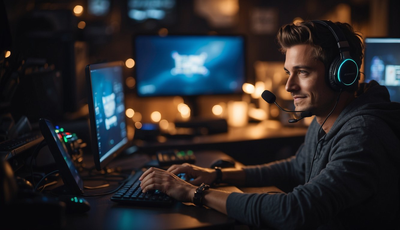 A person sitting at a desk with a computer, surrounded by gaming equipment and everyday items. The room is dimly lit, with a mix of excitement and exhaustion evident on the person's face