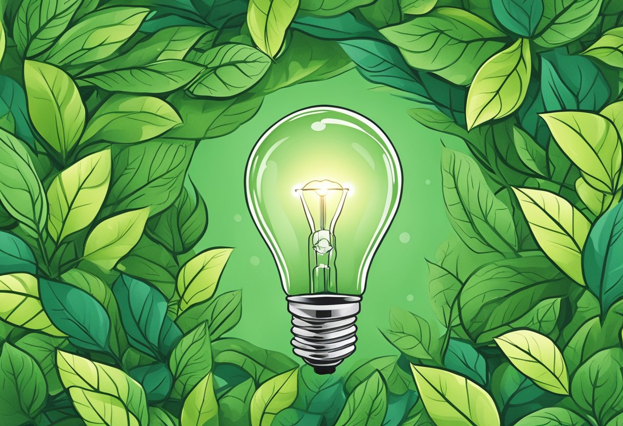 A lightbulb surrounded by green leaves, symbolizing innovation and sustainability